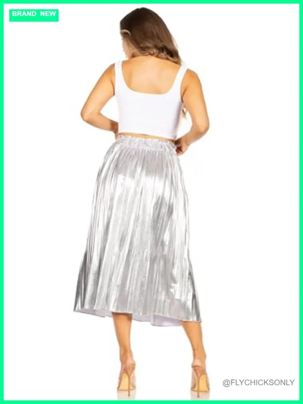 Faux Leather Pleated Midi Skirt with Pockets Elastic High Waist Women